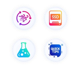 Ssd, Chemistry lab and Wind energy icons simple set. Button with halftone dots. Quick tips sign. Memory disk, Laboratory, Breeze power. Helpful tricks. Science set. Gradient flat ssd icon. Vector