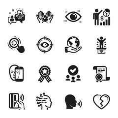 Set of People icons, such as Safe time, Health eye. Certificate, approved group, save planet. Idea, Human sing, Winner podium. Broken heart, Face biometrics, Eye target. Vector