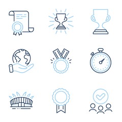 Award cup, Arena stadium and Reward line icons set. Diploma certificate, save planet, group of people. Timer, Honor and Trophy signs. Trophy, Sport complex, Best medal. Stopwatch gadget. Vector