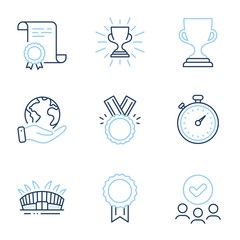 Award cup, Arena stadium and Reward line icons set. Diploma certificate, save planet, group of people. Timer, Honor and Trophy signs. Trophy, Sport complex, Best medal. Stopwatch gadget. Vector