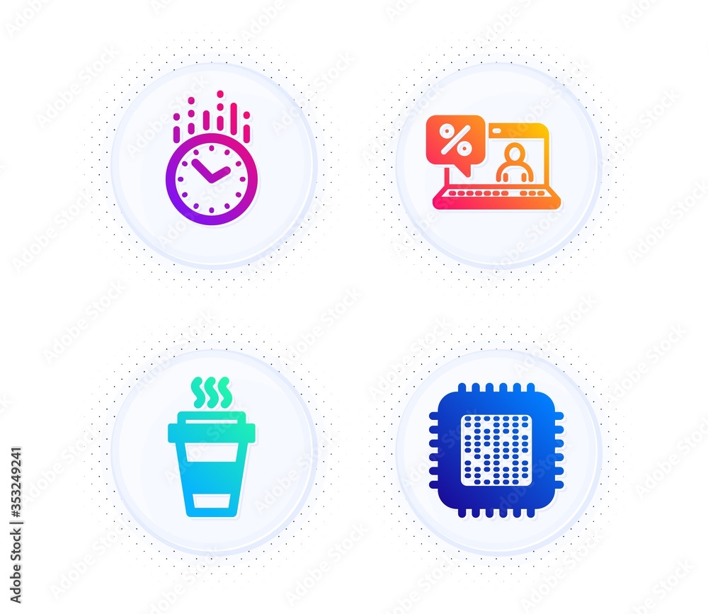 Poster online loan, takeaway and time icons simple set. button with halftone dots. cpu processor sign. disc