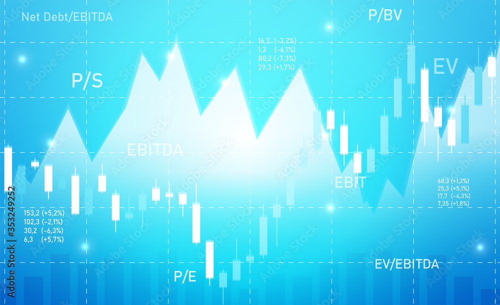 Wall mural business blue background with charts and multiplicators