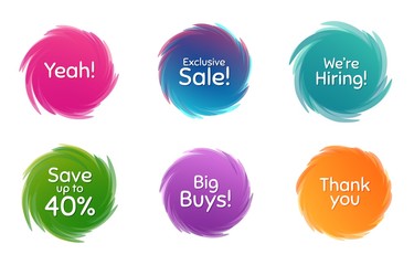 Swirl motion circles. Exclusive sale, 40% discount and hiring. Thank you phrase. Sale shopping text. Twisting bubbles with phrases. Spiral texting boxes. Big buys slogan. Vector