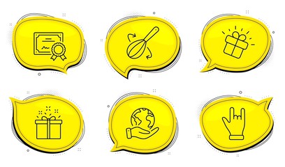 Cooking whisk sign. Diploma certificate, save planet chat bubbles. Special offer, Gift and Horns hand line icons set. Delivery box, Marketing box, Gesture palm. Cutlery. Business set. Vector