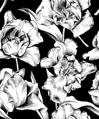 Seamless pattern with a dancing Tulips flowers. Vector black and white illustration.