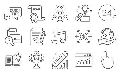 Set of Education icons, such as Hand click, Website statistics. Diploma, ideas, save planet. Quick tips, Product knowledge, Dollar exchange. Victory, Approved agreement, Edit statistics. Vector