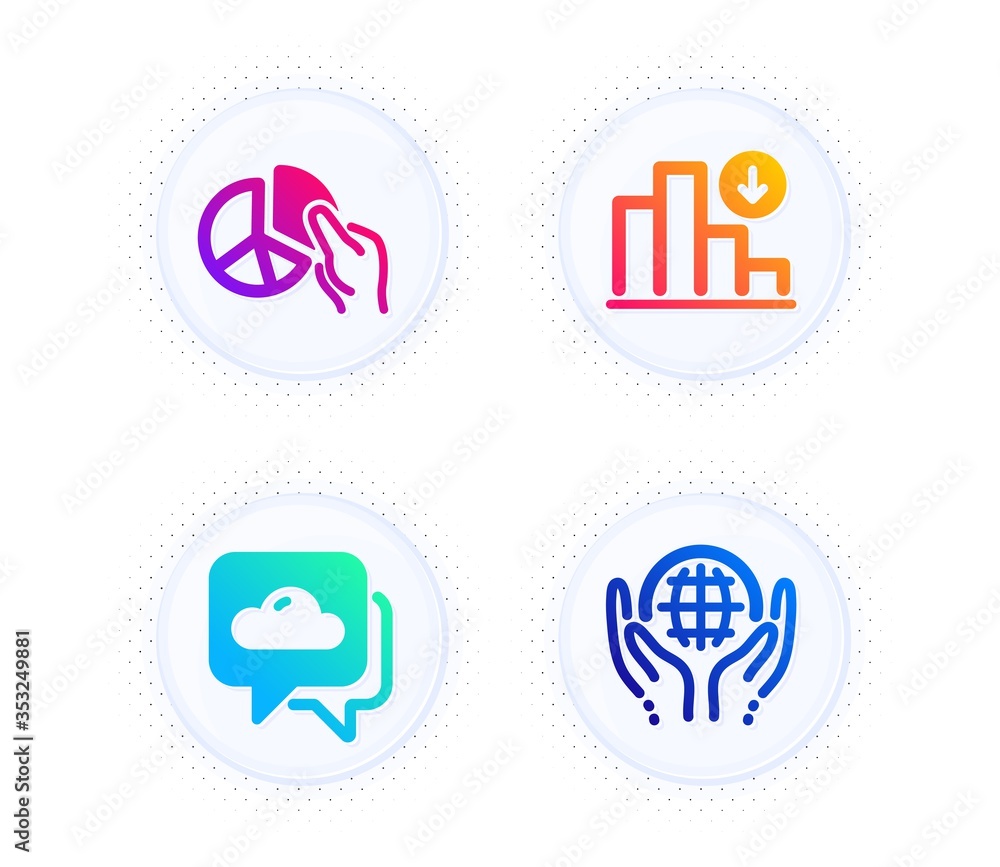 Poster pie chart, decreasing graph and weather forecast icons simple set. button with halftone dots. organi
