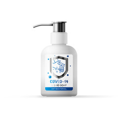 Design of the label of antibacterial liquid hand soap, concept of the logo, symbol of protection against viruses and bacteria, means of hand treatment against the covid-19 virus	
