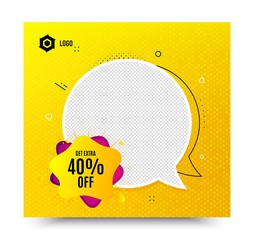 40% sale liquid shape. Yellow banner template. Discount banner. Sale coupon icon. Social media banner with chat bubble. Online shopping web template. Sale shape promotion bubble. Vector