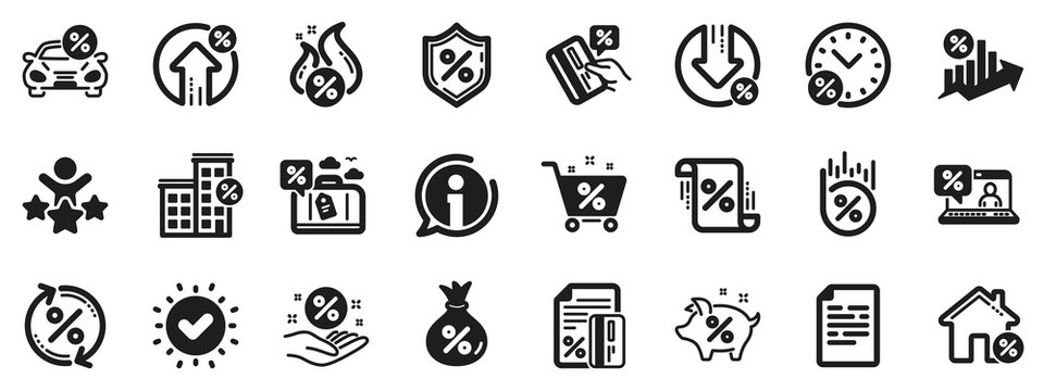 Set of Investment, Interest rate and Percentage diagram icons. Loan icons. Car leasing, analytics plan, Credit card percent and loan rate. Bank mortgage, leasing, interest graph. Vector