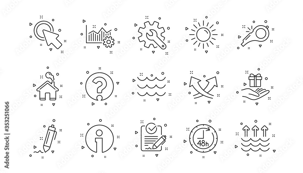 Poster signature, analytics and question mark. waves, whistle and global warming line icons. linear icon se