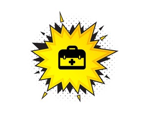 First aid kit icon. Quote speech bubble. Medical case sign. Quotation marks. Classic first aid icon. Vector