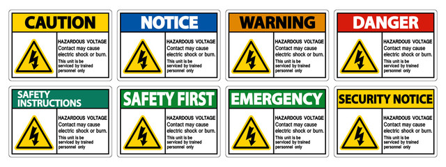 Hazardous Voltage Contact May Cause Electric Shock Or Burn Sign On White Background