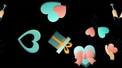 Endless seamless pattern of beautiful festive love joyful tender sets of hearts with magnifying glasses houses arrows and letters on a black background. Vector illustration