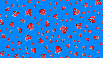 Endless seamless pattern of medical scientific medical objects of hearts with a cardiogram and pulse on a blue background. Vector illustration