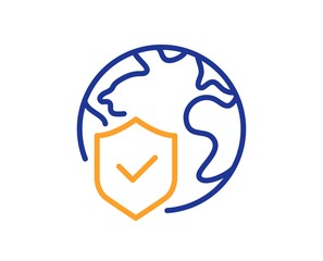 Obraz premium World insurance line icon. Global business protection sign. Internet security symbol. Colorful thin line outline concept. Linear style world insurance icon. Editable stroke. Vector