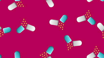 Endless seamless pattern of medical scientific medical items, pharmacological tablets and medications, pill capsules on a purple background. Vector illustration