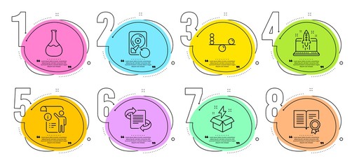 Manual doc, Chemistry lab and Creative idea signs. Timeline steps infographic. Recovery hdd, Balance and Marketing line icons set. Start business, Diploma symbols. Backup info, Concentration. Vector