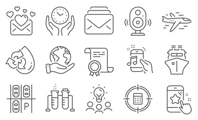 Set of Technology icons, such as Calculator target, Love mail. Diploma, ideas, save planet. Recycle water, Speaker, Ship. Airplane, Parking place, Chemistry beaker. Vector