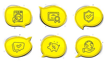 Washing machine sign. Diploma certificate, save planet chat bubbles. Approved, Loan percent and Confirmed line icons set. Chat message, Piggy bank, Accepted message. Repair service. Vector