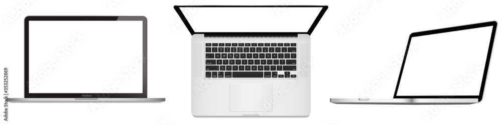 Poster realistic set space gray laptop computer, top down view,side view end mock up, keyboard, with an emp