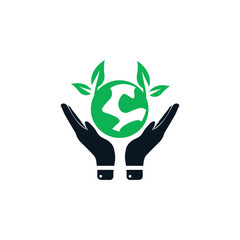 Green world logo, Safe world on hand icon