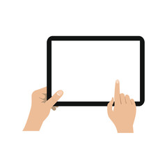 Hand holding tablet and touching screen. Flat vector illustration. tablet with blank screen, isolated on white background. Vector EPS 10