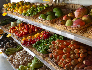 Fruits and vegetables displayed for sale in a grocery store in Brazil