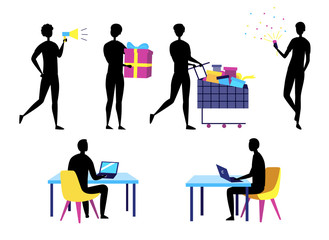 Concept Of Self Employed Business People Silhouettes. Characters Do Shopping, Give Presents, Work And Having Fun. Collection Of People In Different Situations. Cartoon Flat Style. Vector Illustration