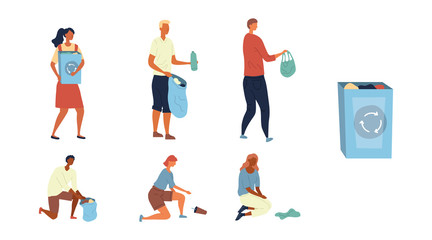 Concept Of Zero Waste, Recycling And Save Planet. Characters Clean Street Of Trash And Put It Into Container. Men And Women Pick Up And Sorting Trash. Cartoon Linear Outline Flat Vector Illustration