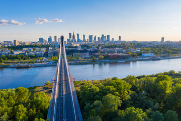 Warsaw city center and Świętokrzyski bridge aerial view