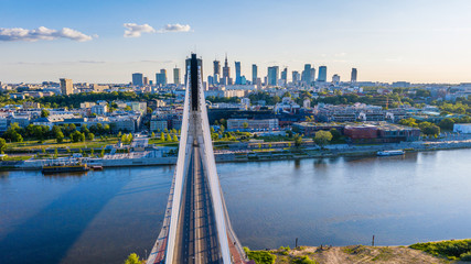 Warsaw city center and Świętokrzyski bridge aerial view