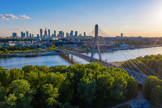 Warsaw city center and Świętokrzyski bridge aerial view