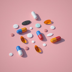 Creative layout of pills and capsules on pink background with summer sun and sharp shadow. Covid-19...