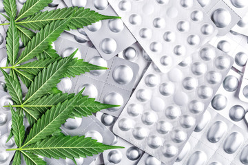 Marijuana leaf and medical pills.Legalizing marijuana for medical purposes.Hemp buds - medical...