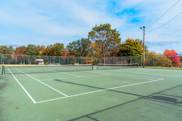 Deserted tennis court with colourful deciduous trees in background in a public park on a sunny...