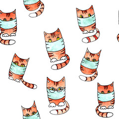 seamless pattern of painted striped ginger red cats in a medical mask. graphic drawing