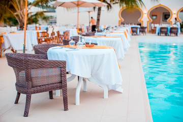 Summer empty open air luxury restaraunt at exotic hotel