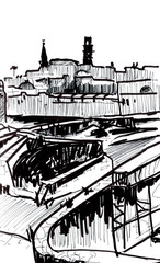 Obraz premium Graphic drawing of landscape with a mosque in the city of Akko in Israel. Traveled sketch.