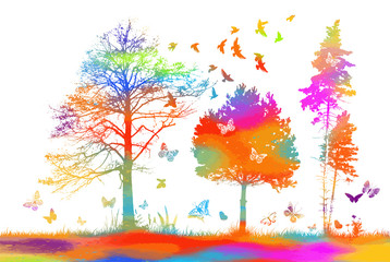Obraz na płótnie Canvas A rainbow landscape with trees, butterflies and birds. Mixed media. Vector illustration