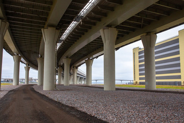 The supporting pillars of the bridge. Under the high-speed ring road.