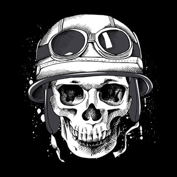 Skull in a motorcyclist helmet. Vector illustration.
