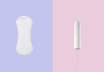 women's pads or tampons? A feminine pad pad lies next to a tampon on an isolated background. PMS Women's Critical Days. on a pink background. Vagina. Women's hygiene. Menstrual period concept.