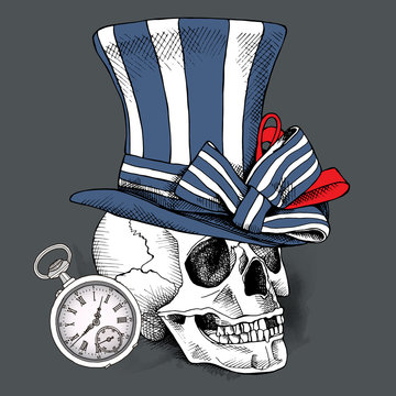 Skull in a blue striped steampunk top hat and with watch. Vector illustration.