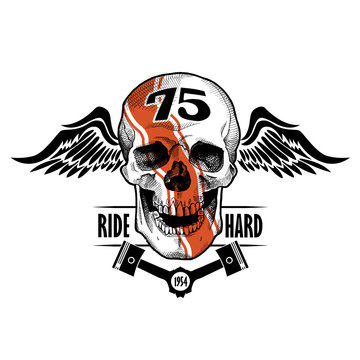 Racer smiling skull with a wings. Emblem. Vector illustration.