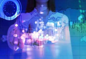 Multiple exposure of woman, cctv camera and city