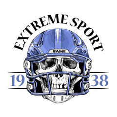 Sport emblem. Skull in the blue American Football Helmet. Vector illustration.