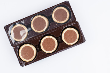 Chocolate biscuit isolated on a white background.Tasty food.Candy.Copy space