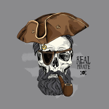 Skull with a hairstyle, beard, mustache in a Pirates hat and a tobacco pipe on a gray background. Vector illustration.