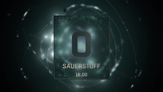Oxygen as Element 8 of the Periodic Table. Seamlessly looping 3D animation on green illuminated atom design background orbiting electrons name, atomic weight element number in German language